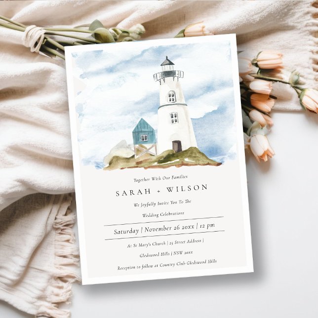 Dusky Aqua Blue Lighthouse Mountain Wedding Invite (Creator Uploaded)