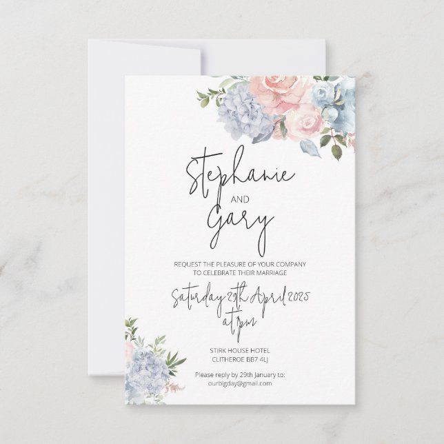 Dusky Blue & Blush Wedding Invitation (Front)