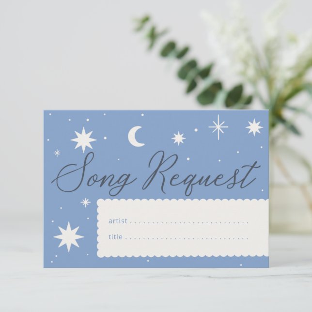 Dusky blue boho star wedding music request card (Standing Front)