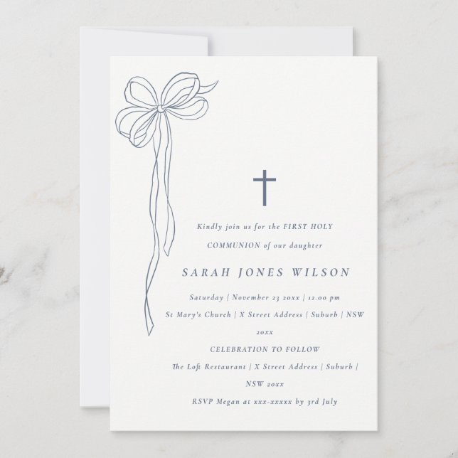 Dusky Blue Coquette Bow First Holy Communion  Invitation (Front)