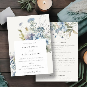 Dusky Blue Cottage Floral All In One Wedding Invitation