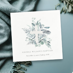 Dusky Blue Eucalyptus Fern Foliage Cross Baptism Napkin