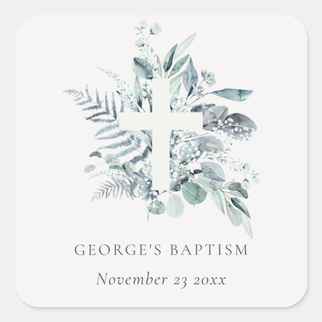 Dusky Blue Eucalyptus Fern Foliage Cross Baptism Square Sticker (Front)