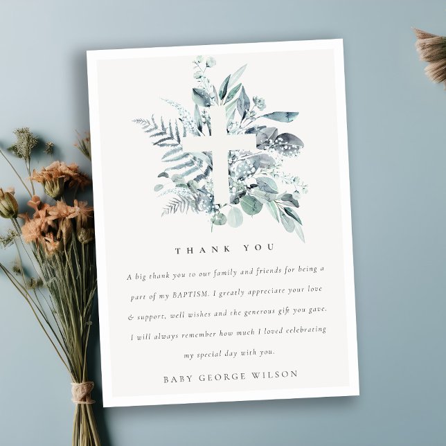 Dusky Blue Eucalyptus Fern Foliage Cross Baptism Thank You Card (Creator Uploaded)