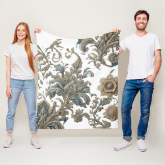 Dusky Blue Floral Brocade Pattern Fleece Blanket