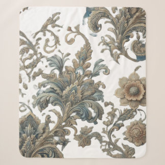 Dusky Blue Floral Brocade Pattern Sherpa Blanket