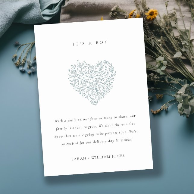 Dusky Blue Floral Heart Baby Announcement (Creator Uploaded)