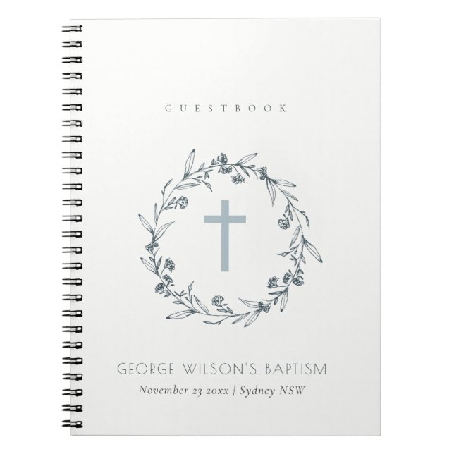 Dusky Blue Floral Laurel Wreath Monogram Baptism G Notebook (Front)