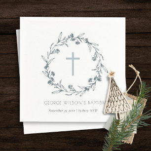 Dusky Blue Floral Laurel Wreath Monogram Baptism Napkin