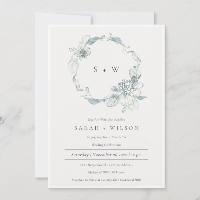 Dusky Blue Floral Wreath Monogram Wedding Invite  (Front)