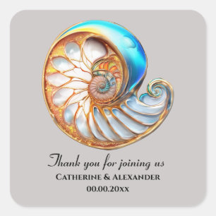 Dusky Blue Gold Conch Shell Thank You Square Sticker