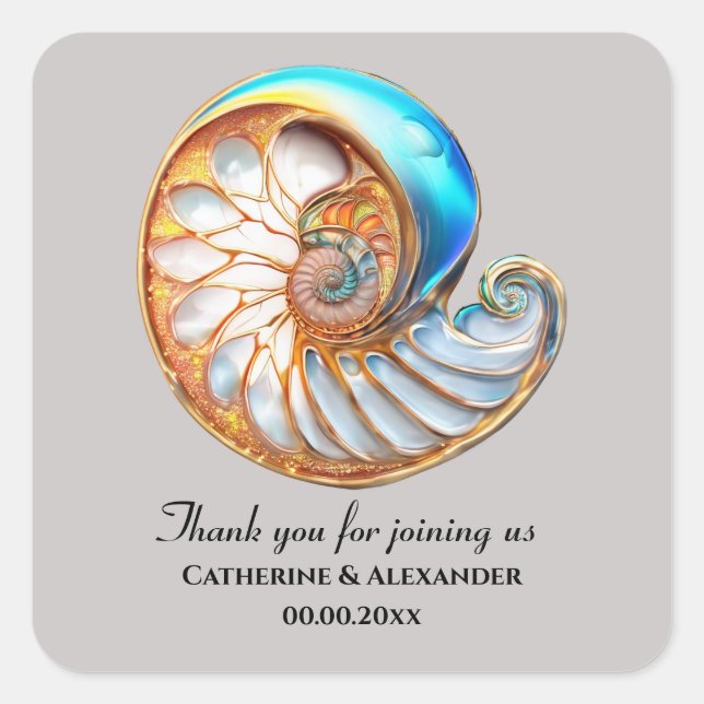 Dusky Blue Gold Conch Shell Thank You Square Sticker (Front)