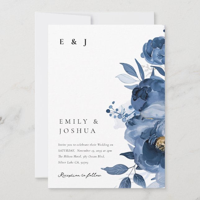 Dusky Blue Gold Floral All in One Wedding Invitation (Front)