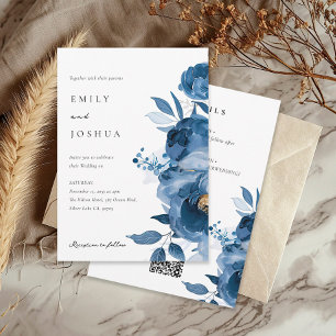 Dusky Blue Gold Floral All in One Wedding Invitation