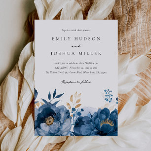 Dusky Blue Gold Floral All in One Wedding Invitation