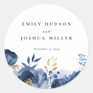 Dusky Blue Gold Floral Wedding Classic Round Sticker