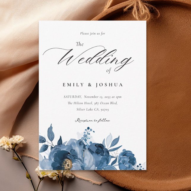 Dusky Blue Gold Floral Wedding Invitation (Creator Uploaded)
