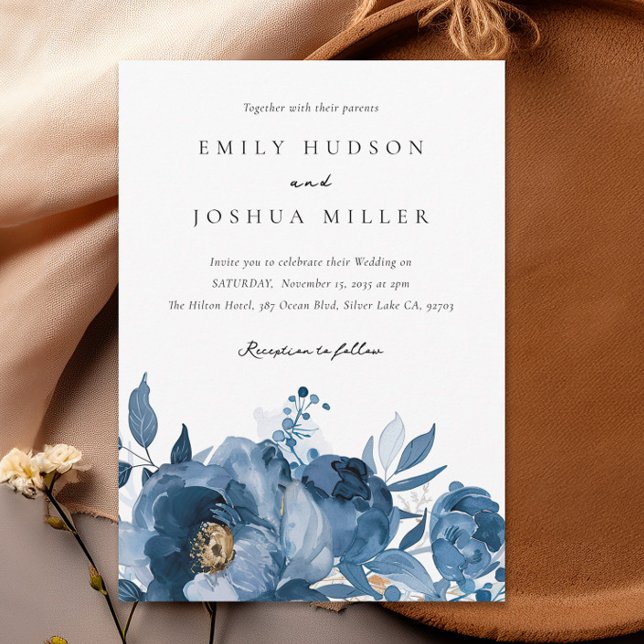 Dusky Blue Gold Floral Wedding Invitation (Creator Uploaded)