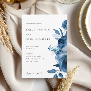 Dusky Blue Gold Floral Wedding Invitation