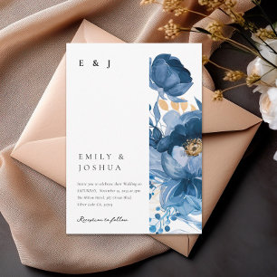 Dusky Blue Gold Floral Wedding Invitation