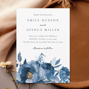 Dusky Blue Gold Floral Wedding Invitation
