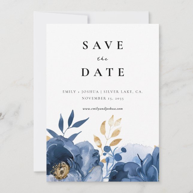 Dusky Blue Gold Floral Wedding Save The Date (Front)