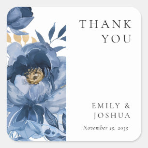 Dusky Blue Gold Floral Wedding Square Sticker
