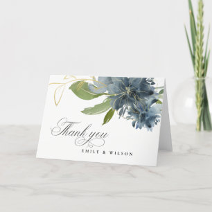 DUSKY BLUE GOLD GREEN FLORAL WATERCOLOR WEDDING THANK YOU CARD