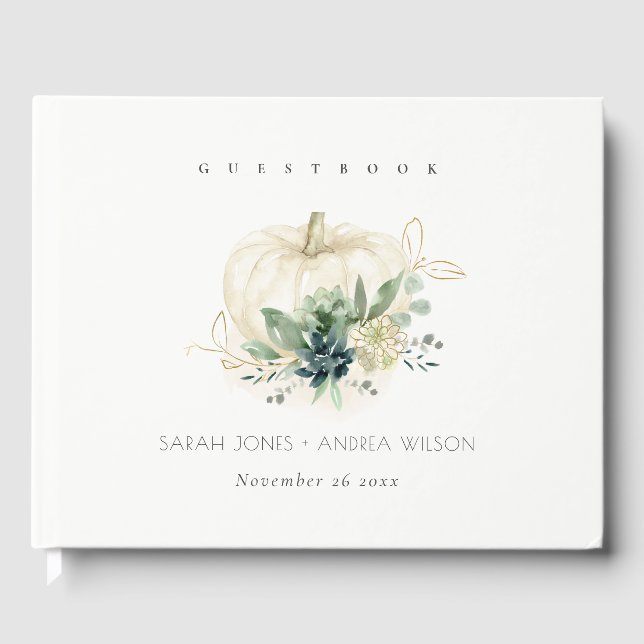 Dusky Blue Green Gold Succulent Pumpkin Wedding  Guest Book (Front)