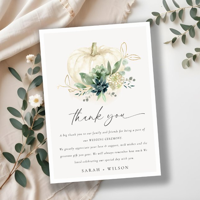 Dusky Blue Green Gold Succulent Pumpkin Wedding  Thank You Card (Creator Uploaded)