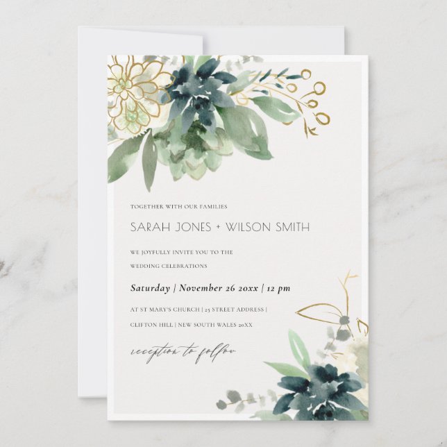 Dusky Blue Green Succulent Foliage Wedding Invite (Front)