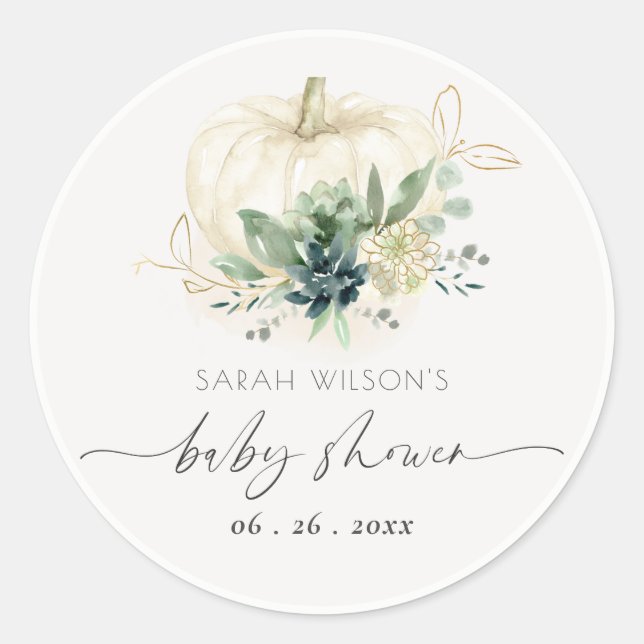 Dusky Blue  Green Succulent Pumpkin Baby Shower Classic Round Sticker (Front)
