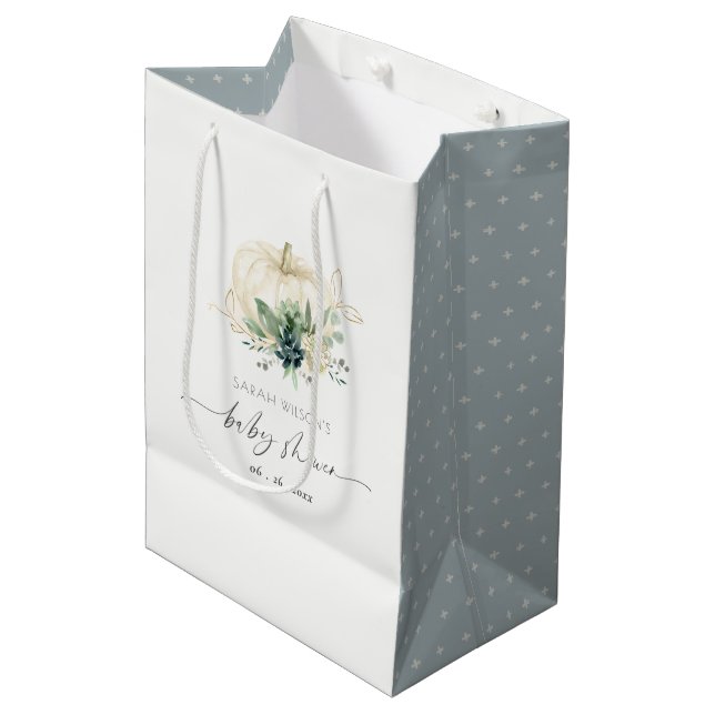 Dusky Blue  Green Succulent Pumpkin Baby Shower  Medium Gift Bag (Front Angled)