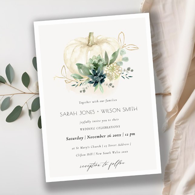 Dusky Blue Green  Succulent Pumpkin Wedding Invite (Creator Uploaded)