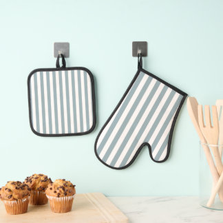 Dusky Blue Pastel Colour Stripes Line Oven Mitt & Pot Holder Set