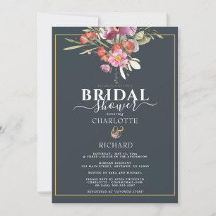 Dusky Blue, Pink Floral Gold Bridal Shower   Invitation