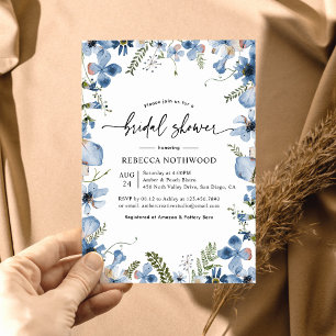 Dusky Blue Pressed Floral Botanical Bridal Shower Invitation