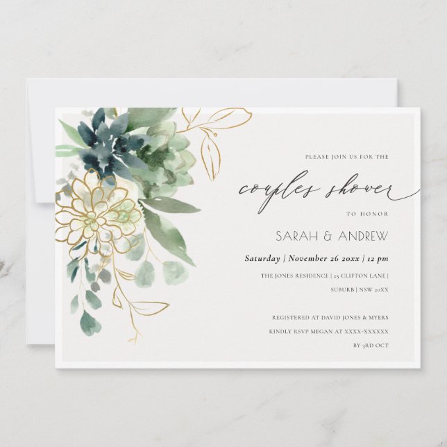 Dusky Blue Succulent Foliage Couples Shower Invite (Front)