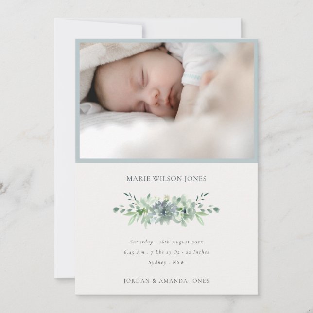 Dusky Blue Succulent Photo Baby Birth Announcement (Front)