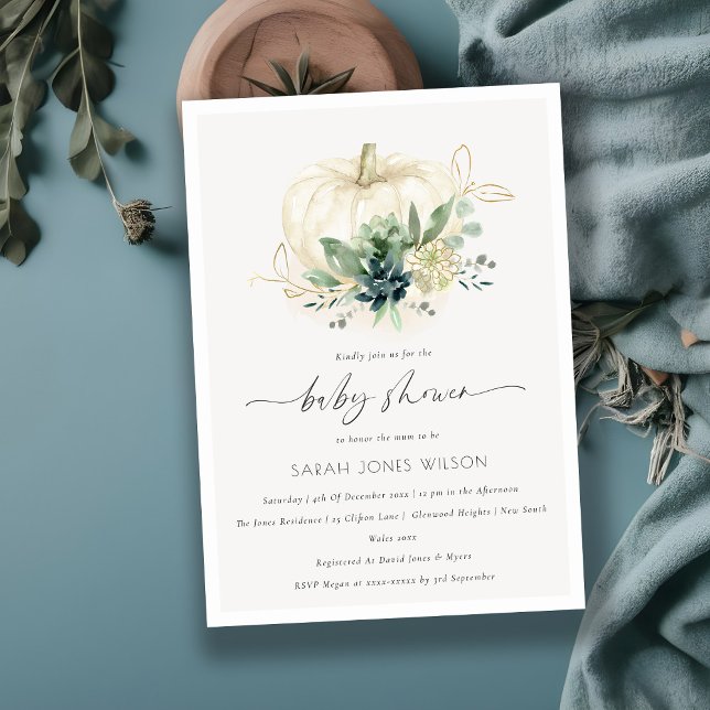 Dusky Blue Succulent Pumpkin Baby Shower Invite (Creator Uploaded)
