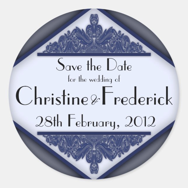 Dusky Blue Vintage, round save the date sticker (Front)