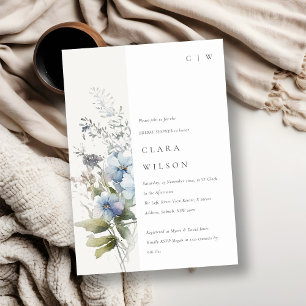 Dusky Blue Watercolor Cottage Floral Bridal Shower Invitation