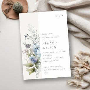 Dusky Blue Watercolor Cottage Floral Engagement Invitation