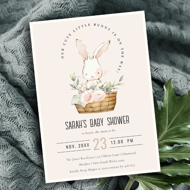 Dusky Blush Bunny In Floral Basket Baby Shower Invitation (Creator Uploaded)