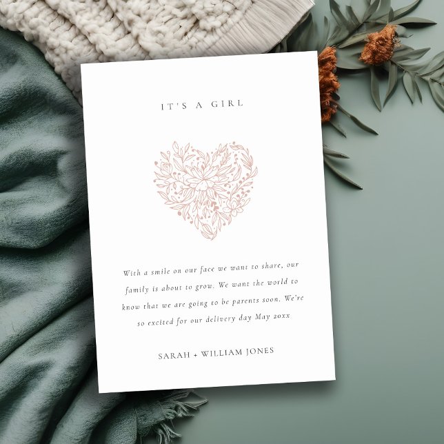 Dusky Blush Floral Heart Baby Announcement (Creator Uploaded)