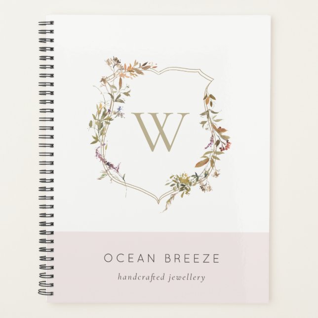 Dusky Blush Pink Wildflower Crest Monogram Planner (Front)