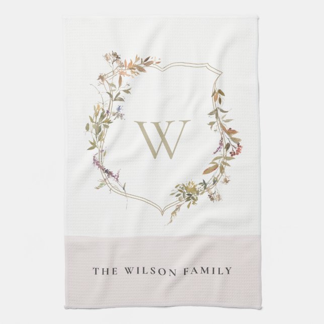 Dusky Blush Pink Wildflower Crest Monogram Tea Towel (Vertical)