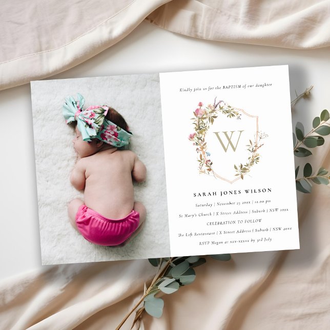 Dusky Blush Pink Wildflower Crest Photo Baptism Invitation (Creator Uploaded)