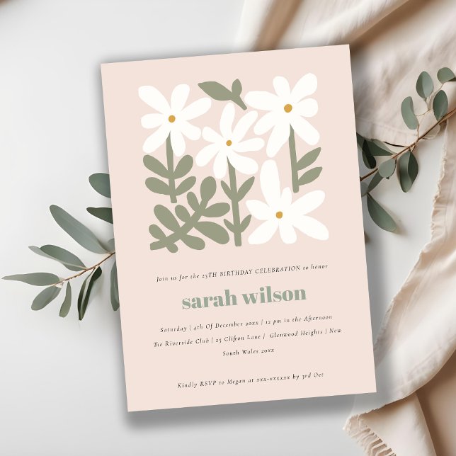 Dusky Blush Retro Minimal Floral Birthday Invitation (Creator Uploaded)