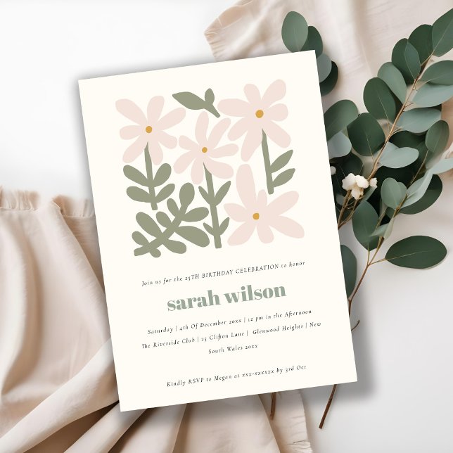 Dusky Blush Retro Minimal Floral Birthday Invitation (Creator Uploaded)